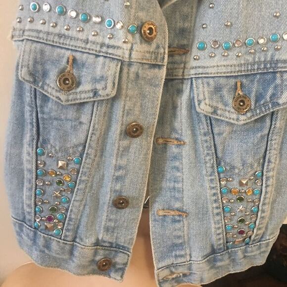 VINTAGE Y2K STUDDED JEWELED DENIM VEST WAISTCOAT W/ TURQUOISE & STUDS - Picture 1 of 8